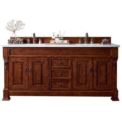 James Martin Vanities Brookfield 72" Warm Cherry Double Vanity With 3cm Carrara MarbleTop