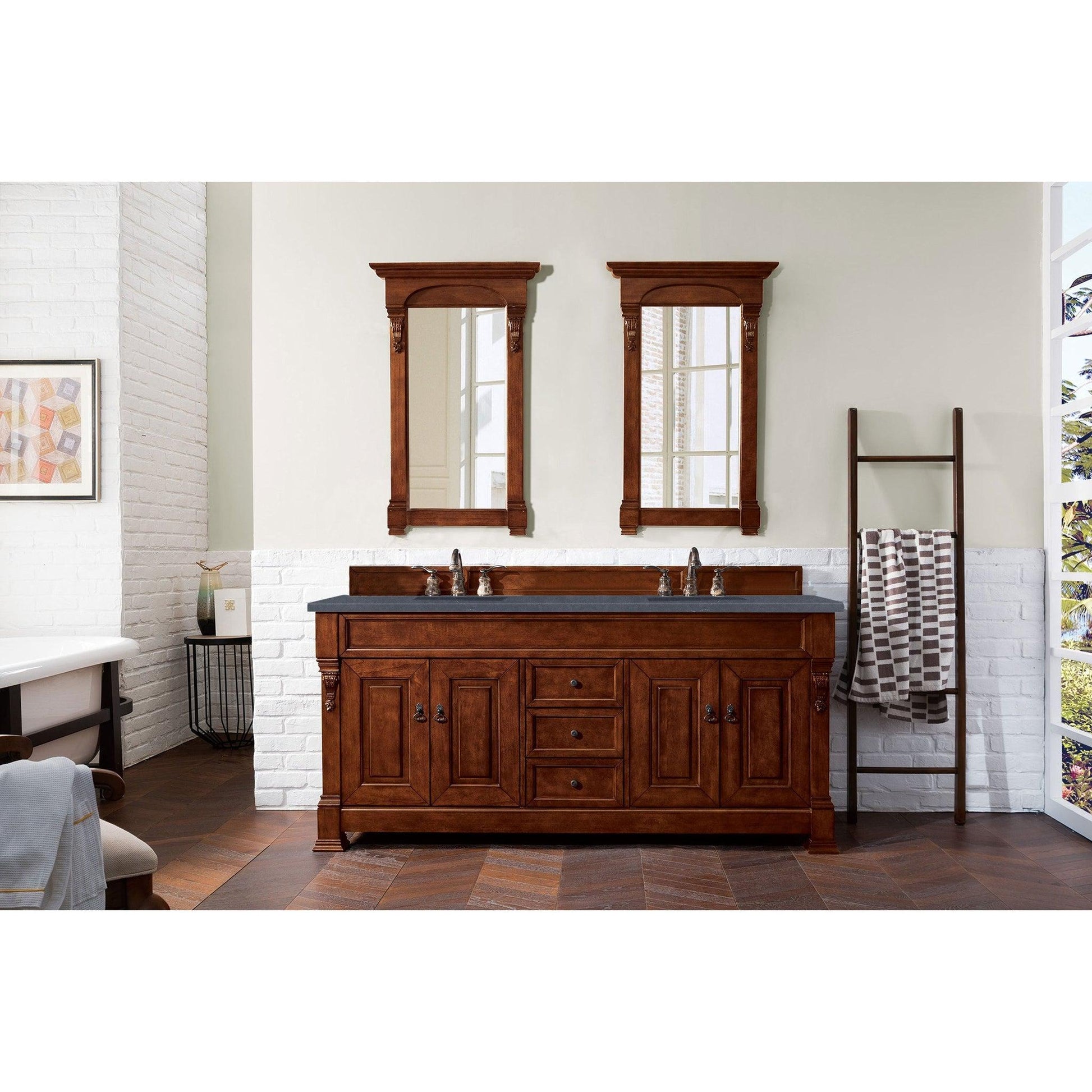 James Martin Vanities Brookfield 72" Warm Cherry Double Vanity With 3cm Charcoal Soapstone Quartz Top