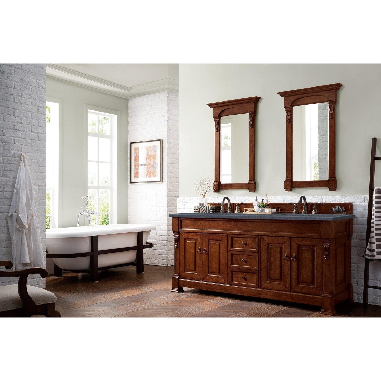 James Martin Vanities Brookfield 72" Warm Cherry Double Vanity With 3cm Charcoal Soapstone Quartz Top