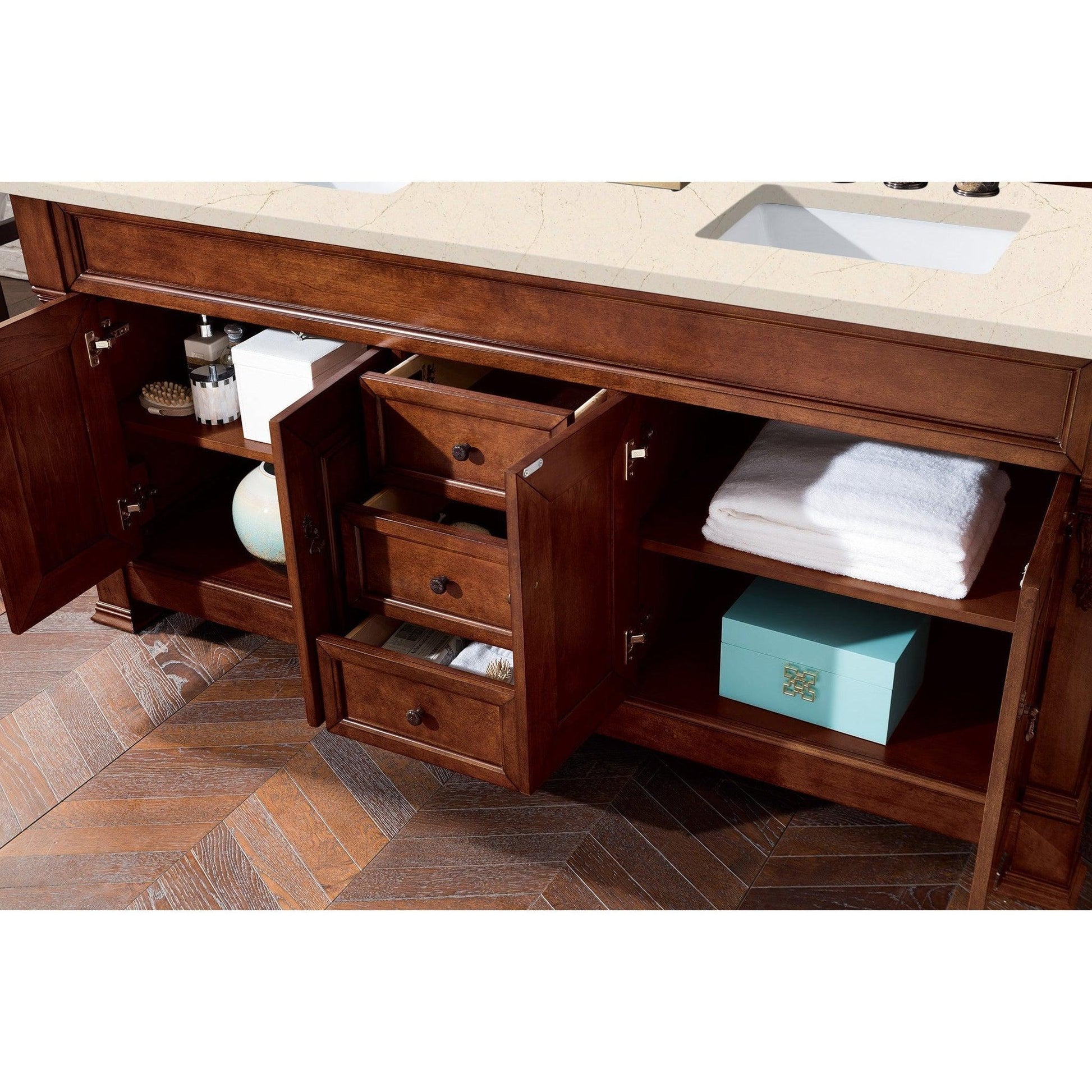 James Martin Vanities Brookfield 72" Warm Cherry Double Vanity With 3cm Eternal Marfil Quartz Top