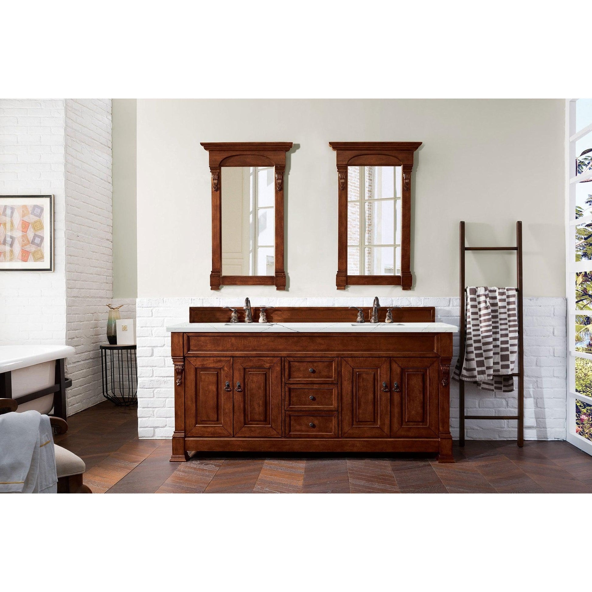 James Martin Vanities Brookfield 72" Warm Cherry Double Vanity With 3cm Ethereal Noctis Quartz Top