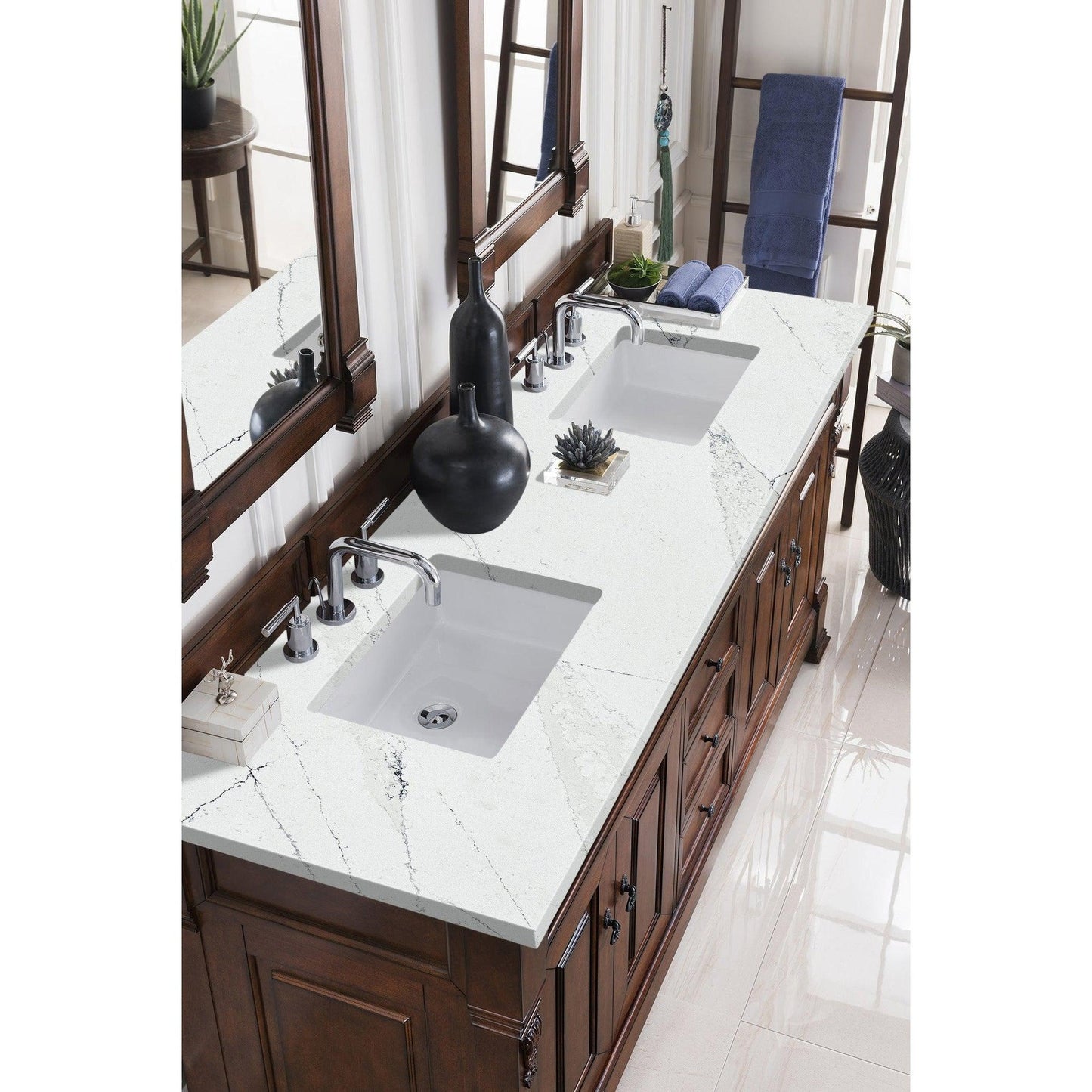 James Martin Vanities Brookfield 72" Warm Cherry Double Vanity With 3cm Ethereal Noctis Quartz Top