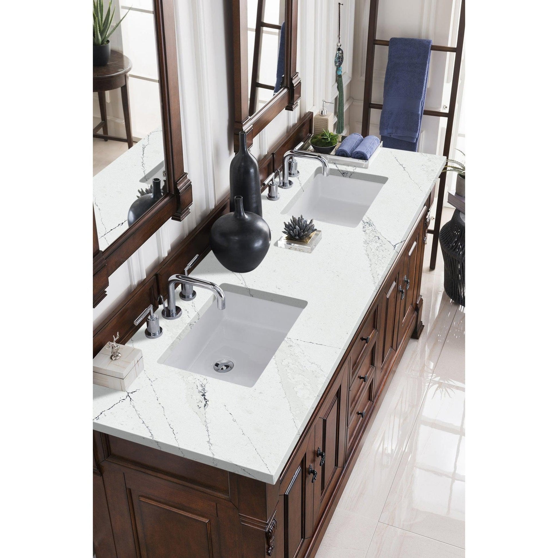 James Martin Vanities Brookfield 72" Warm Cherry Double Vanity With 3cm Ethereal Noctis Quartz Top