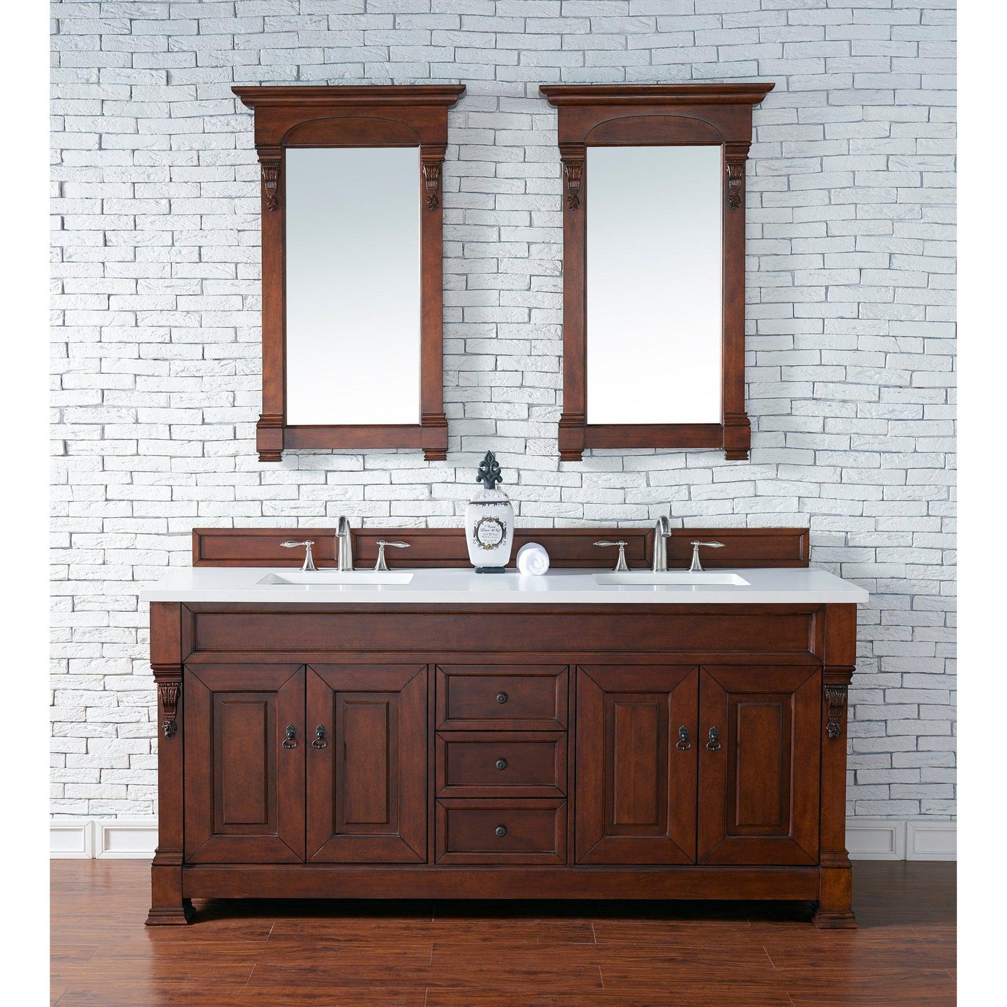 James Martin Vanities Brookfield 72" Warm Cherry Double Vanity With 3cm White Zeus Quartz Top