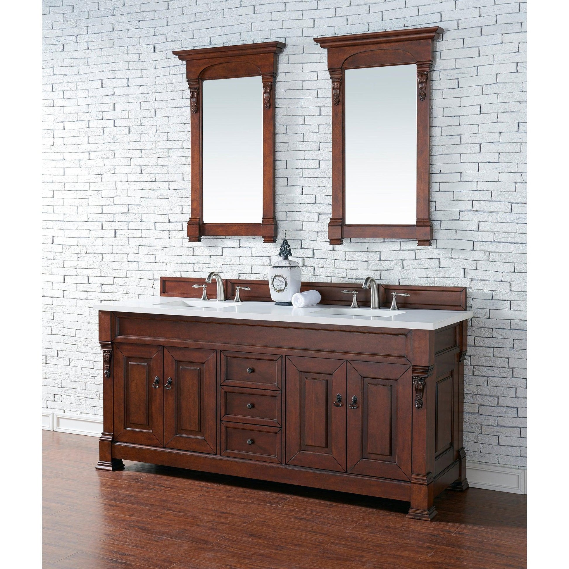 James Martin Vanities Brookfield 72" Warm Cherry Double Vanity With 3cm White Zeus Quartz Top