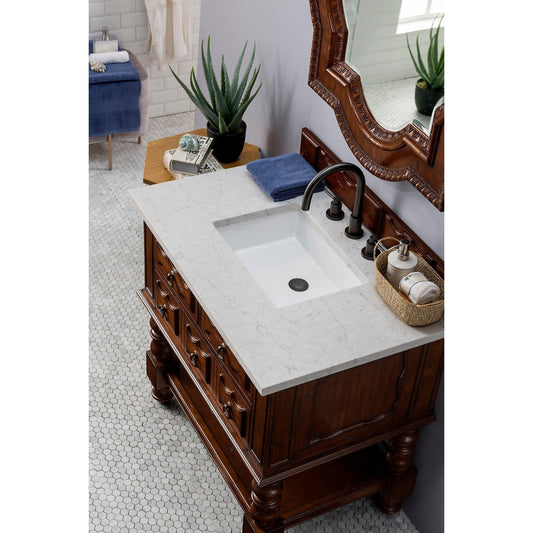 James Martin Vanities Castilian 36" Aged Cognac Single Vanity Cabinet With 3cm Eternal Jasmine Pearl Quartz Top