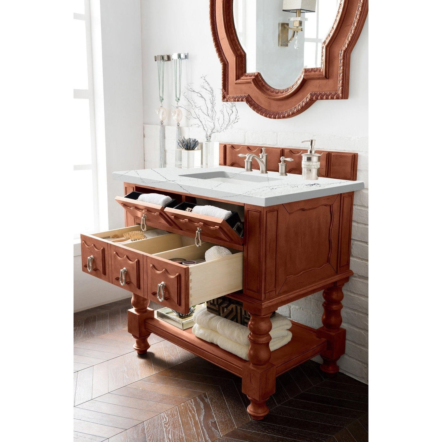 James Martin Vanities Castilian 36" Aged Cognac Single Vanity Cabinet With 3cm Ethereal Noctis Quartz Top