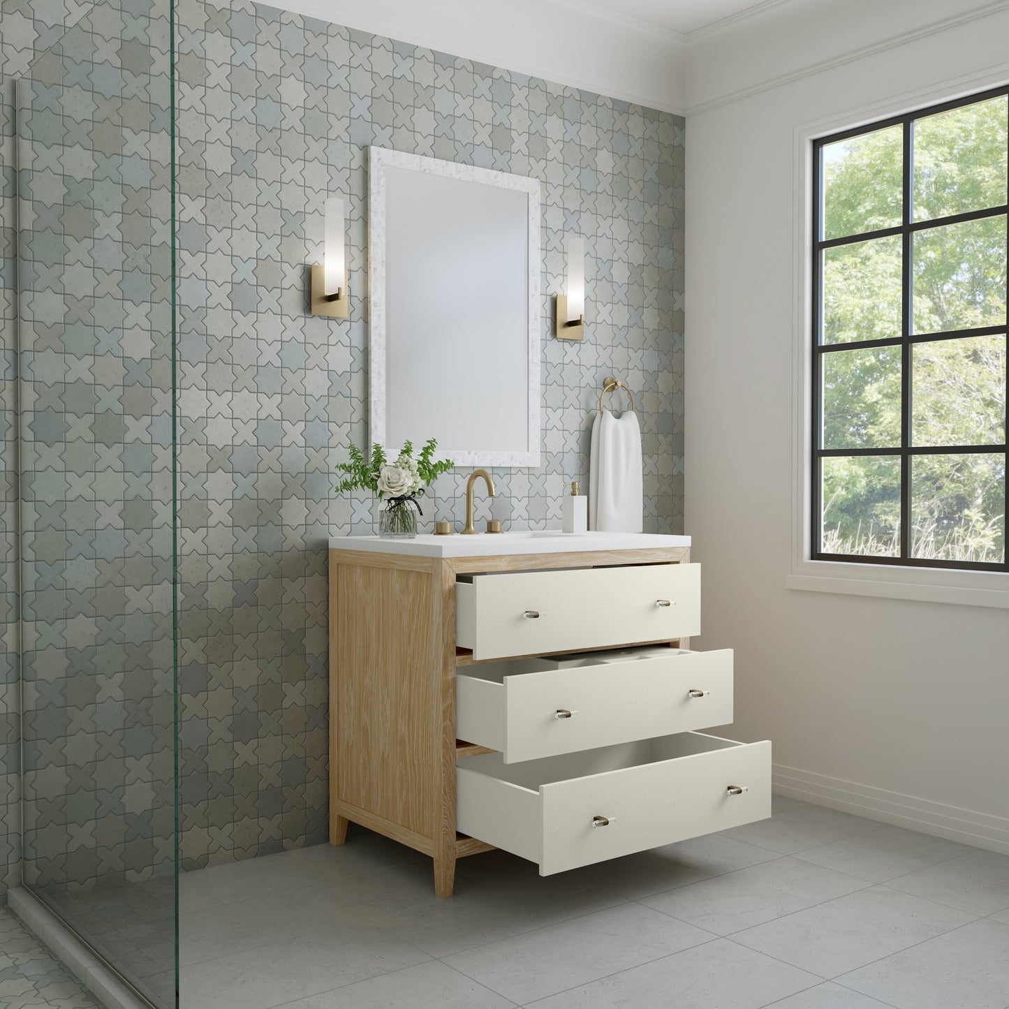 James Martin Vanities Celeste 36" Sunwashed Oak with Embossed Shagreen Single Vanity With 3 cm White Zeus Quartz Top