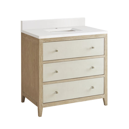 James Martin Vanities Celeste 36" Sunwashed Oak with Embossed Shagreen Single Vanity With Single Hole 3 cm White Zeus Quartz Top & Backsplash