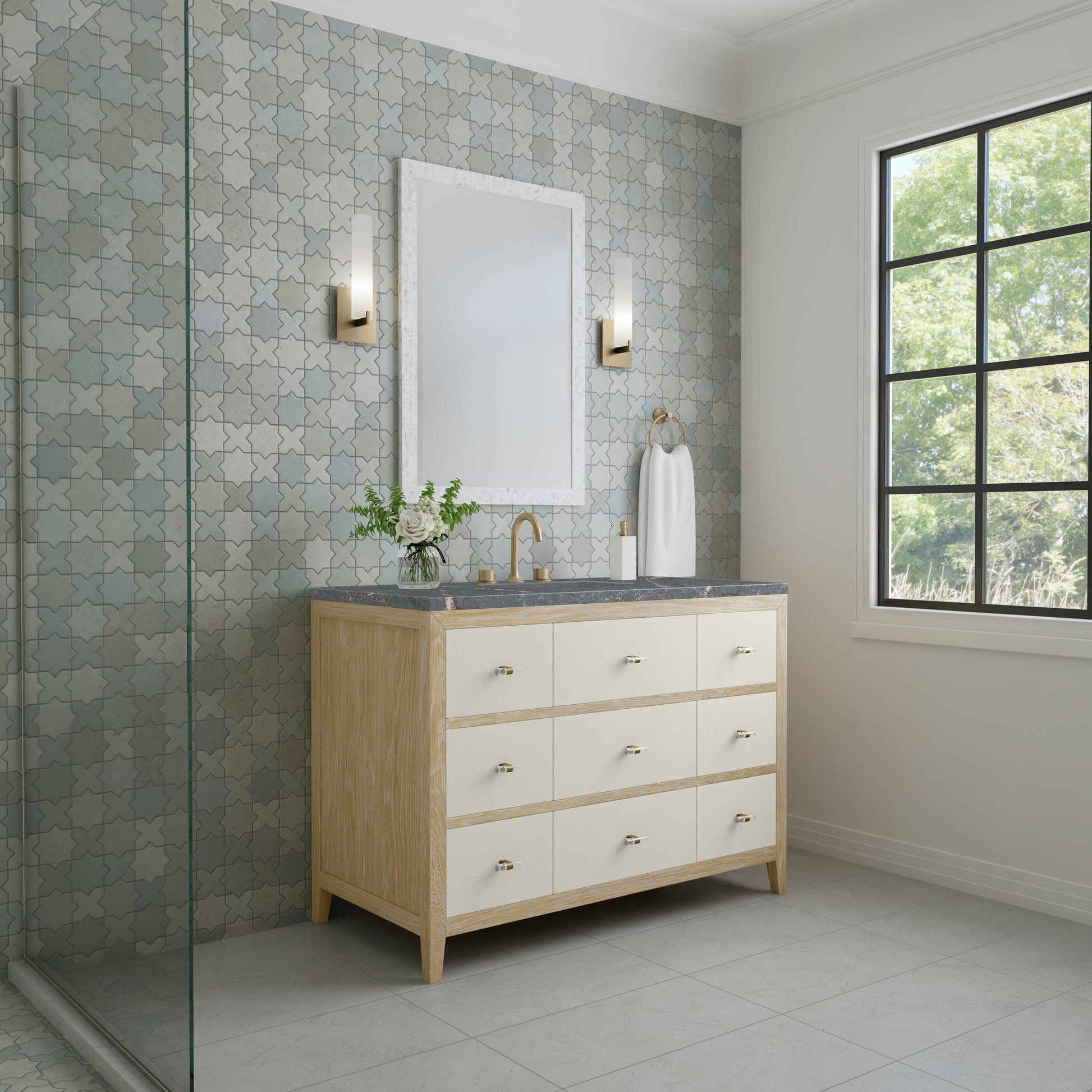 James Martin Vanities Celeste 48" Sunwashed Oak with Embossed Shagreen Drawer Fronts Single Vanity With 3cm Parisien Bleu Silestone Top With FreePower Wireless Charger