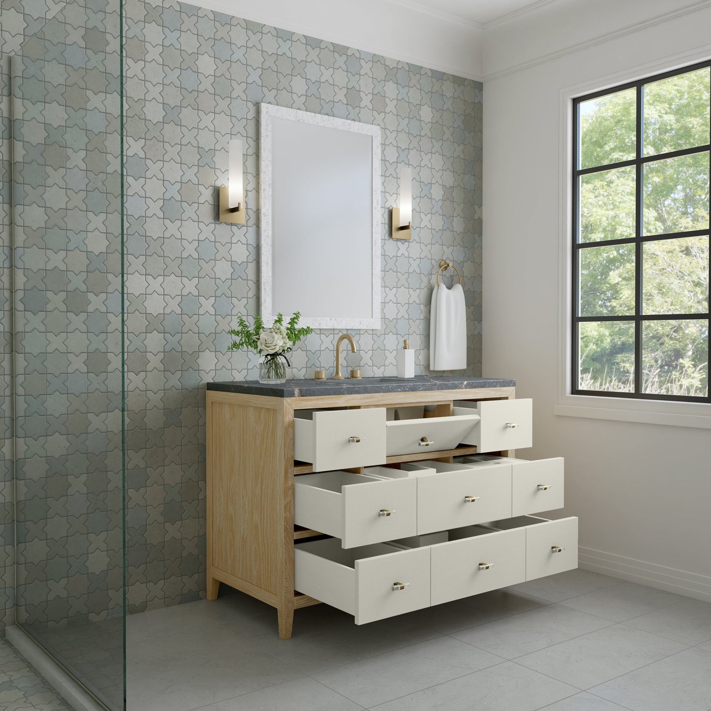 James Martin Vanities Celeste 48" Sunwashed Oak with Embossed Shagreen Single Vanity With 3 cm Parisien Bleu Quartz Top