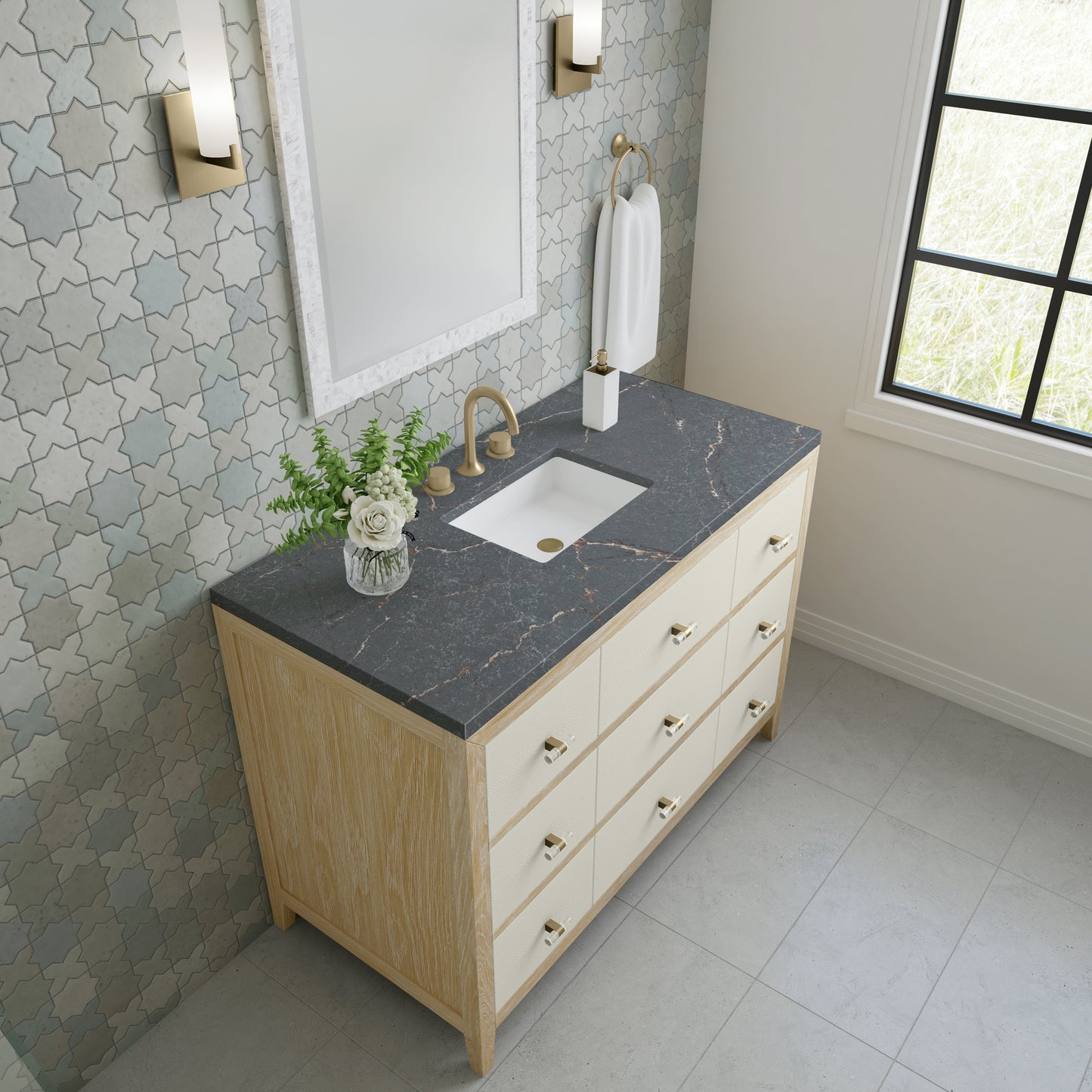 James Martin Vanities Celeste 48" Sunwashed Oak with Embossed Shagreen Single Vanity With 3 cm Parisien Bleu Quartz Top