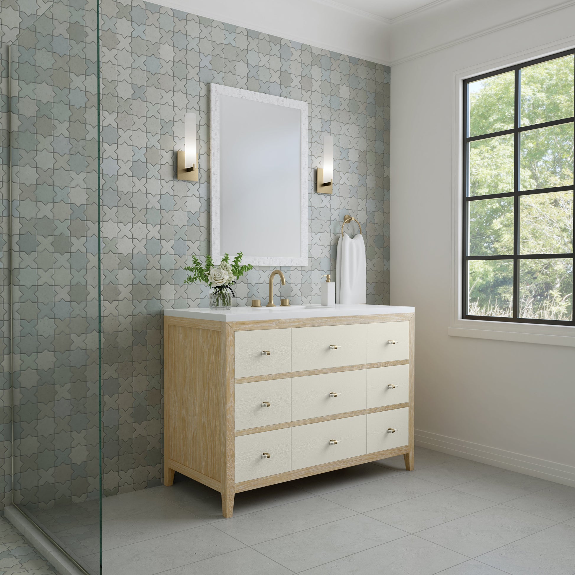 James Martin Vanities Celeste 48" Sunwashed Oak with Embossed Shagreen Single Vanity With 3 cm White Zeus Quartz Top