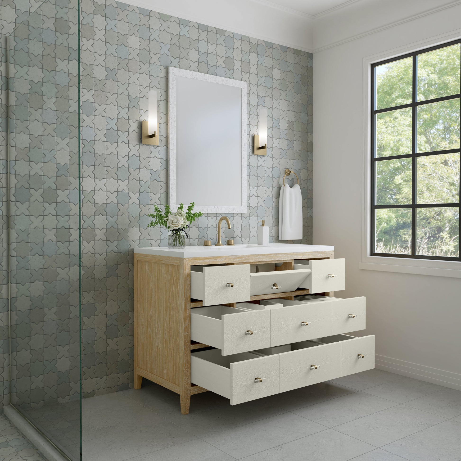 James Martin Vanities Celeste 48" Sunwashed Oak with Embossed Shagreen Single Vanity With 3 cm White Zeus Quartz Top