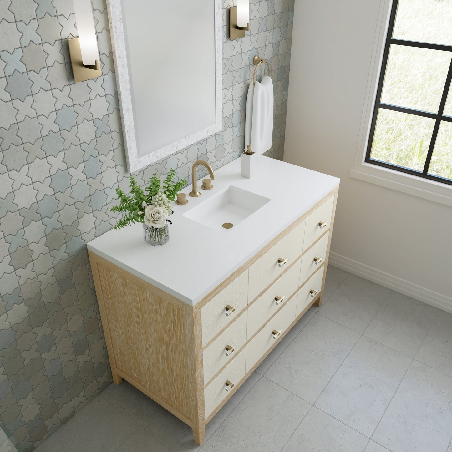 James Martin Vanities Celeste 48" Sunwashed Oak with Embossed Shagreen Single Vanity With 3 cm White Zeus Quartz Top