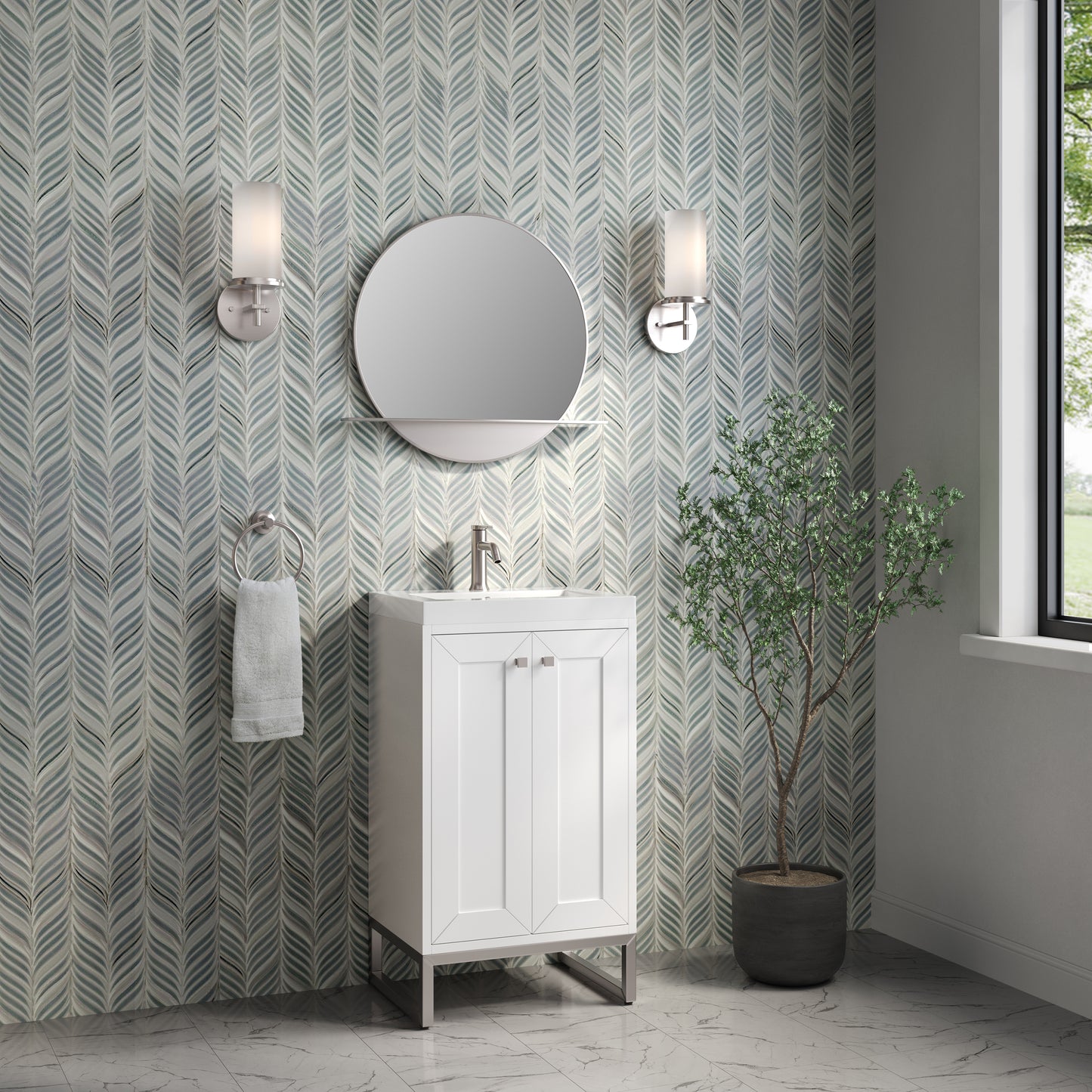 James Martin Vanities Chianti 20" Glossy White Brushed Nickel Base Single Vanity With White Glossy Composite Stone Top