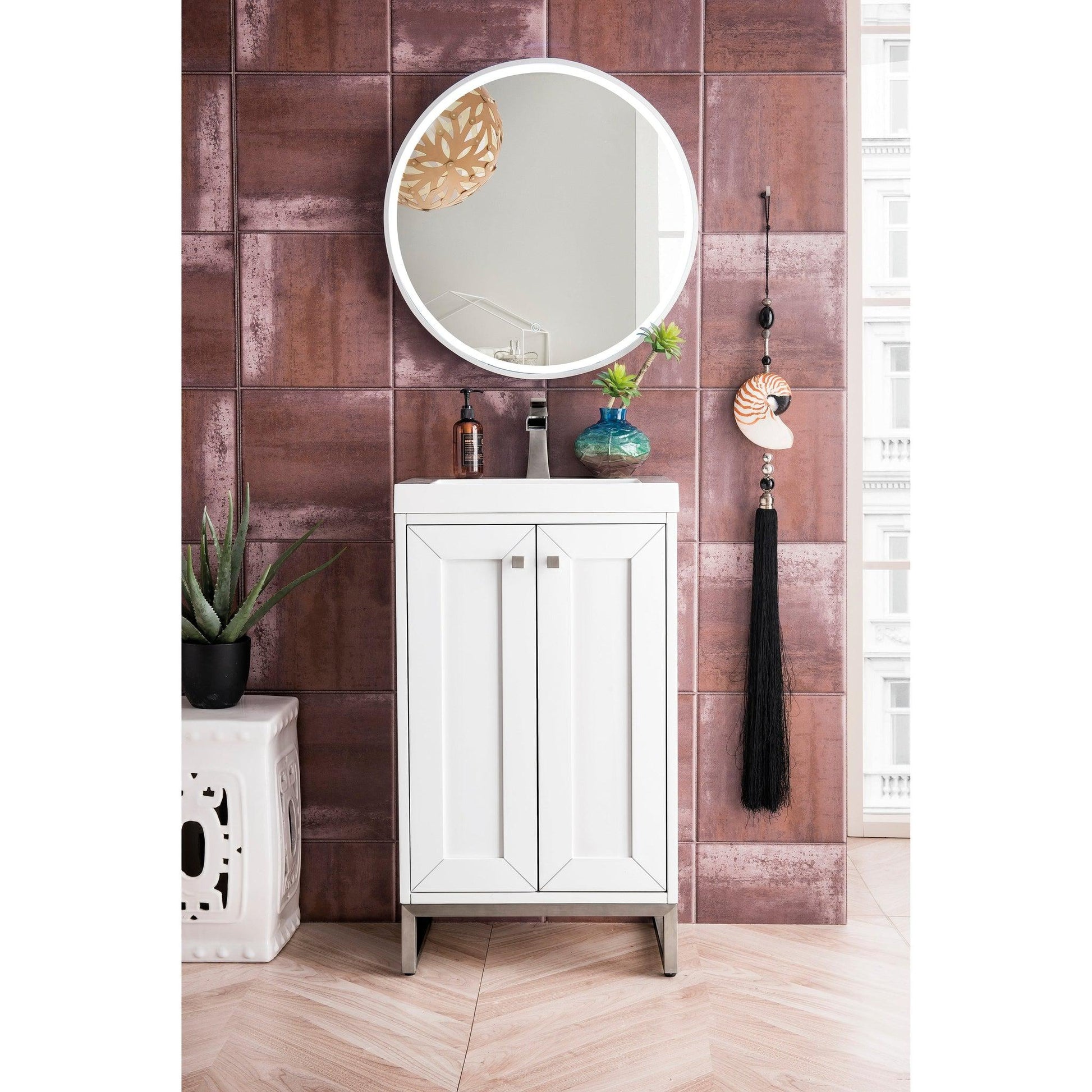 James Martin Vanities Chianti 20" Glossy White, Brushed Nickel Single Vanity Cabinet With White Glossy Composite Countertop