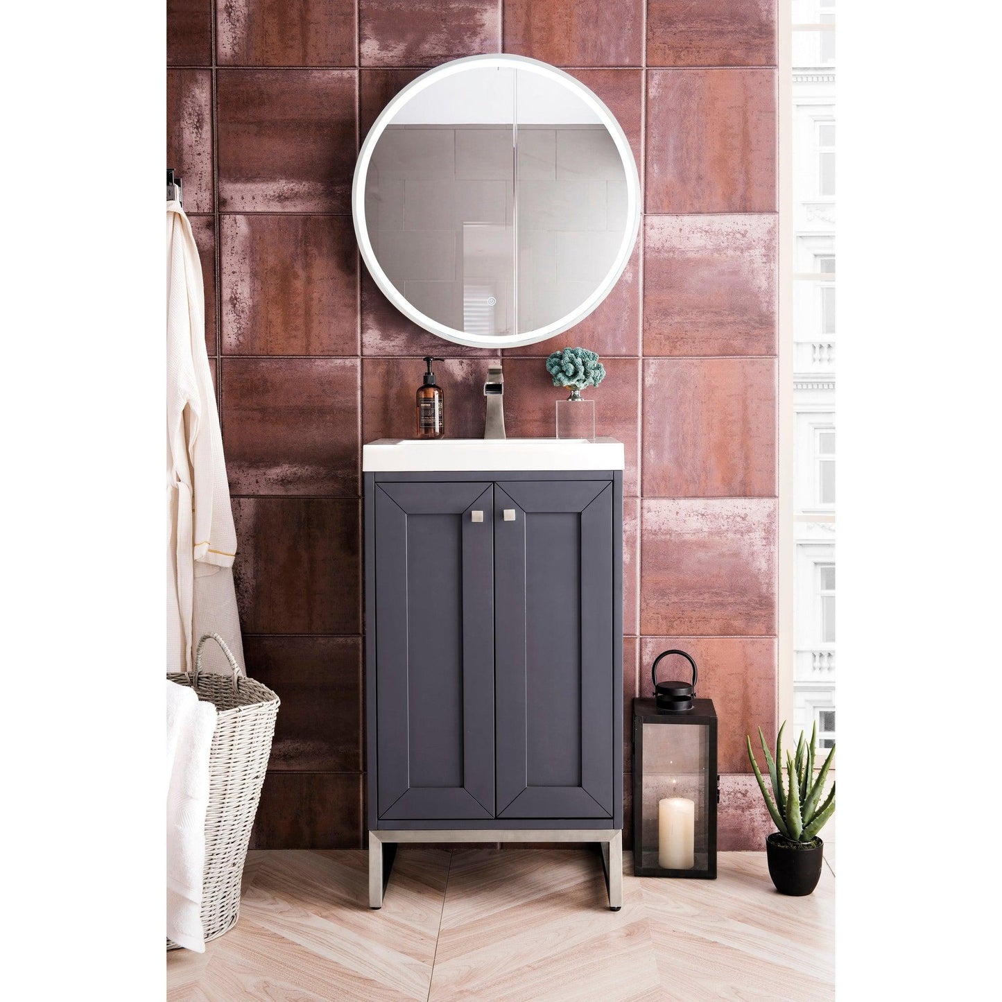 James Martin Vanities Chianti 20" Mineral Grey, Brushed Nickel Single Vanity Cabinet With White Glossy Composite Countertop