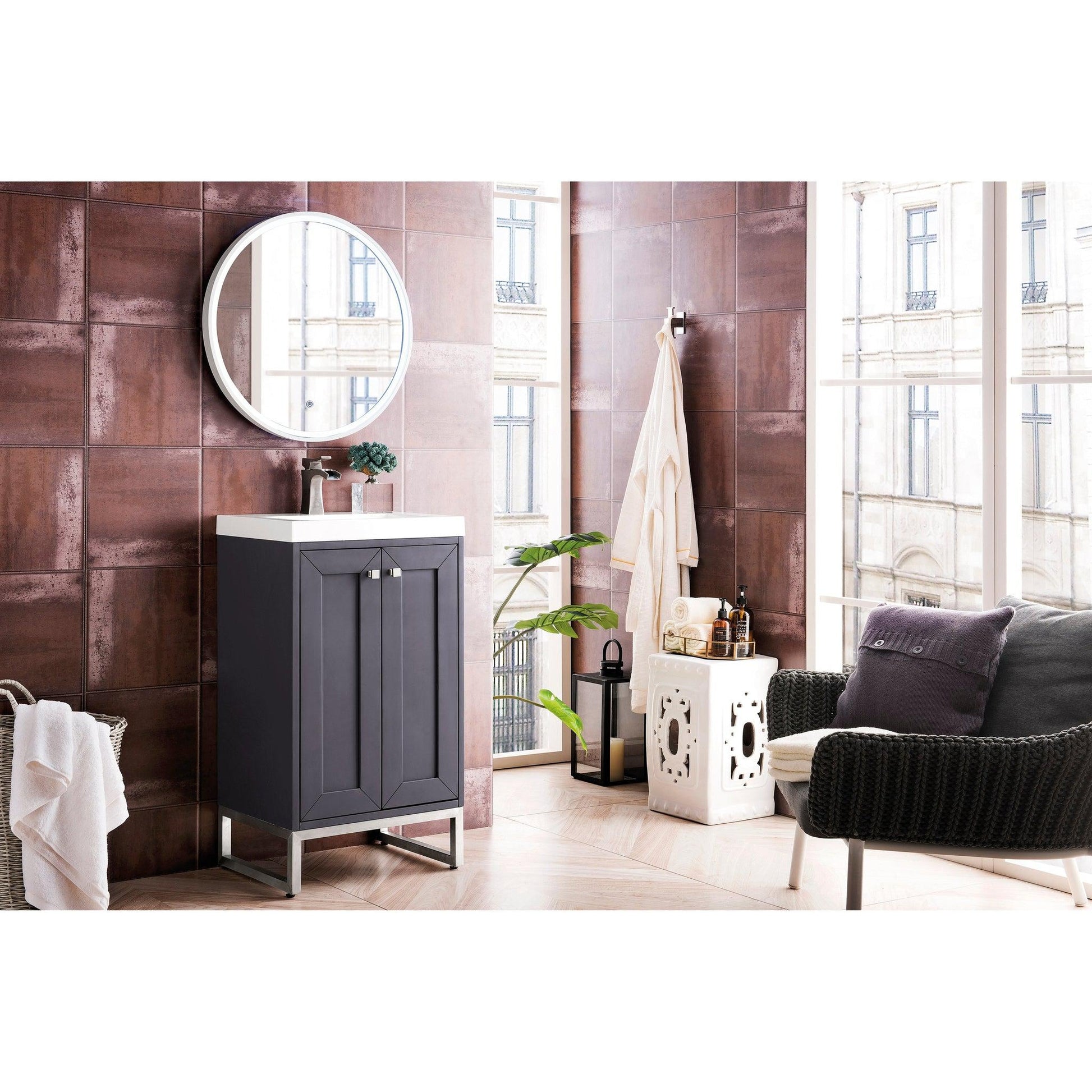 James Martin Vanities Chianti 20" Mineral Grey, Brushed Nickel Single Vanity Cabinet With White Glossy Composite Countertop