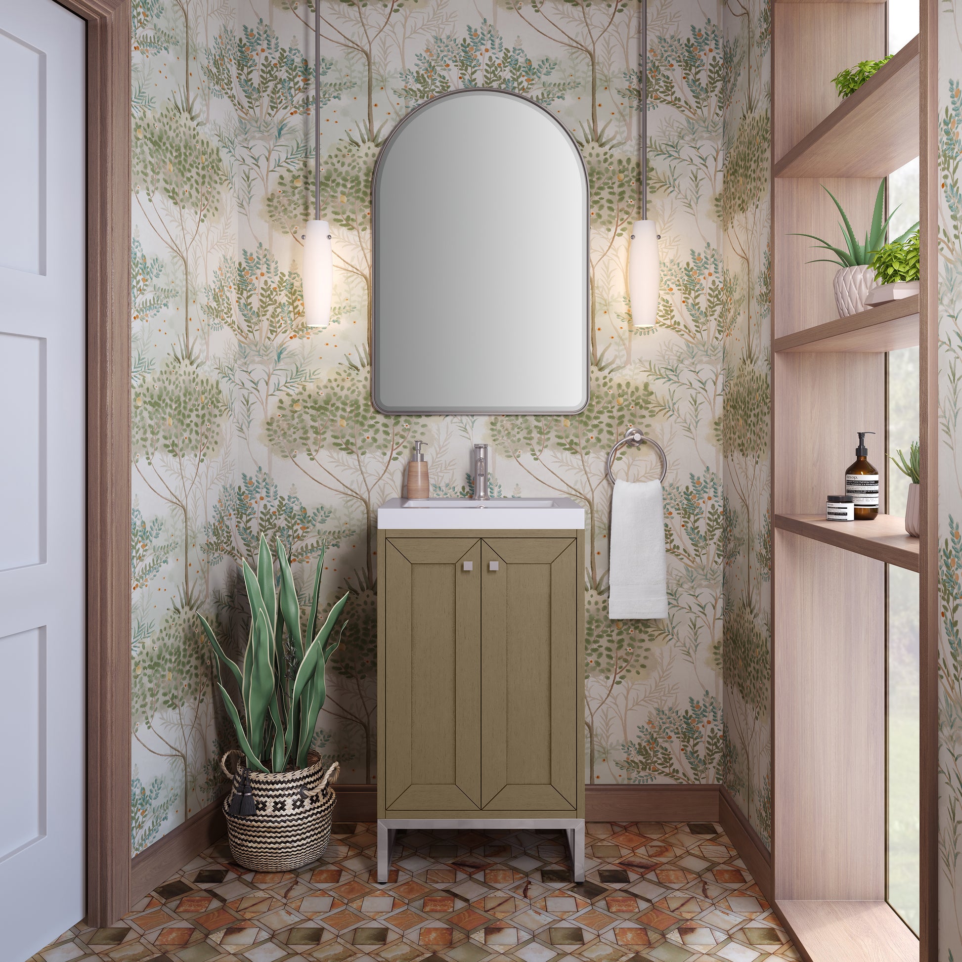 James Martin Vanities Chianti 20" Walnut Whisper Brushed Nickel Base Single Vanity With White Glossy Composite Stone Top