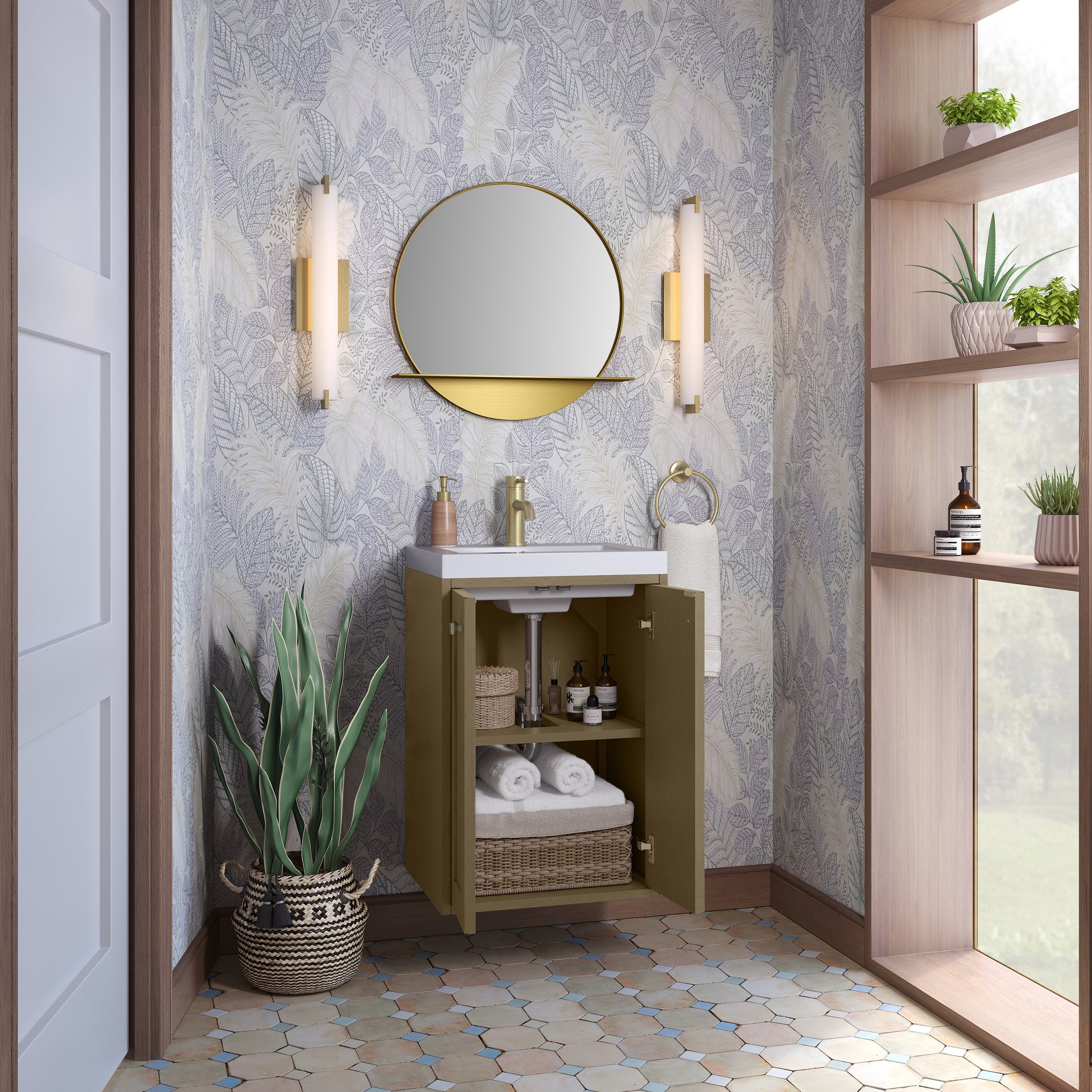 James Martin Vanities Chianti 20" Walnut Whisper Champagne Brass Base Single Vanity With White Glossy Composite Stone Top