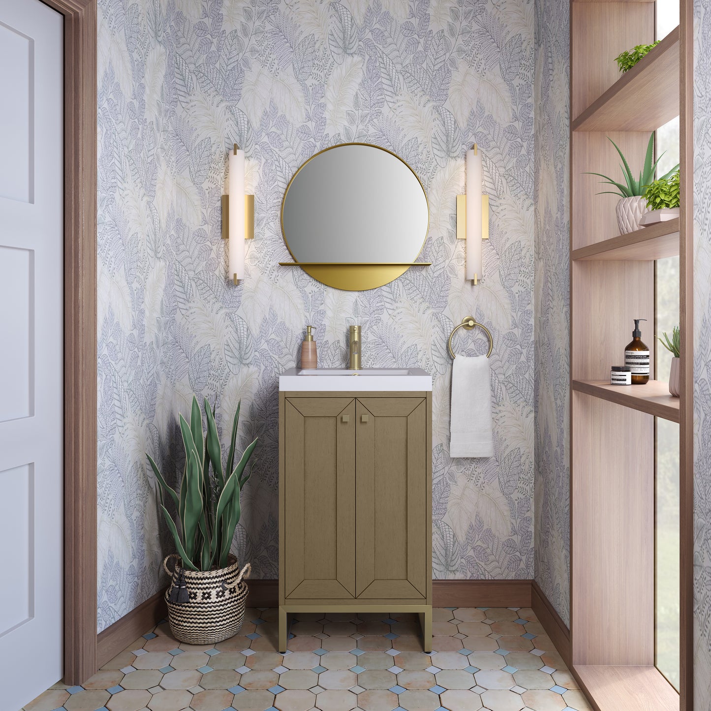 James Martin Vanities Chianti 20" Walnut Whisper Champagne Brass Base Single Vanity With White Glossy Composite Stone Top