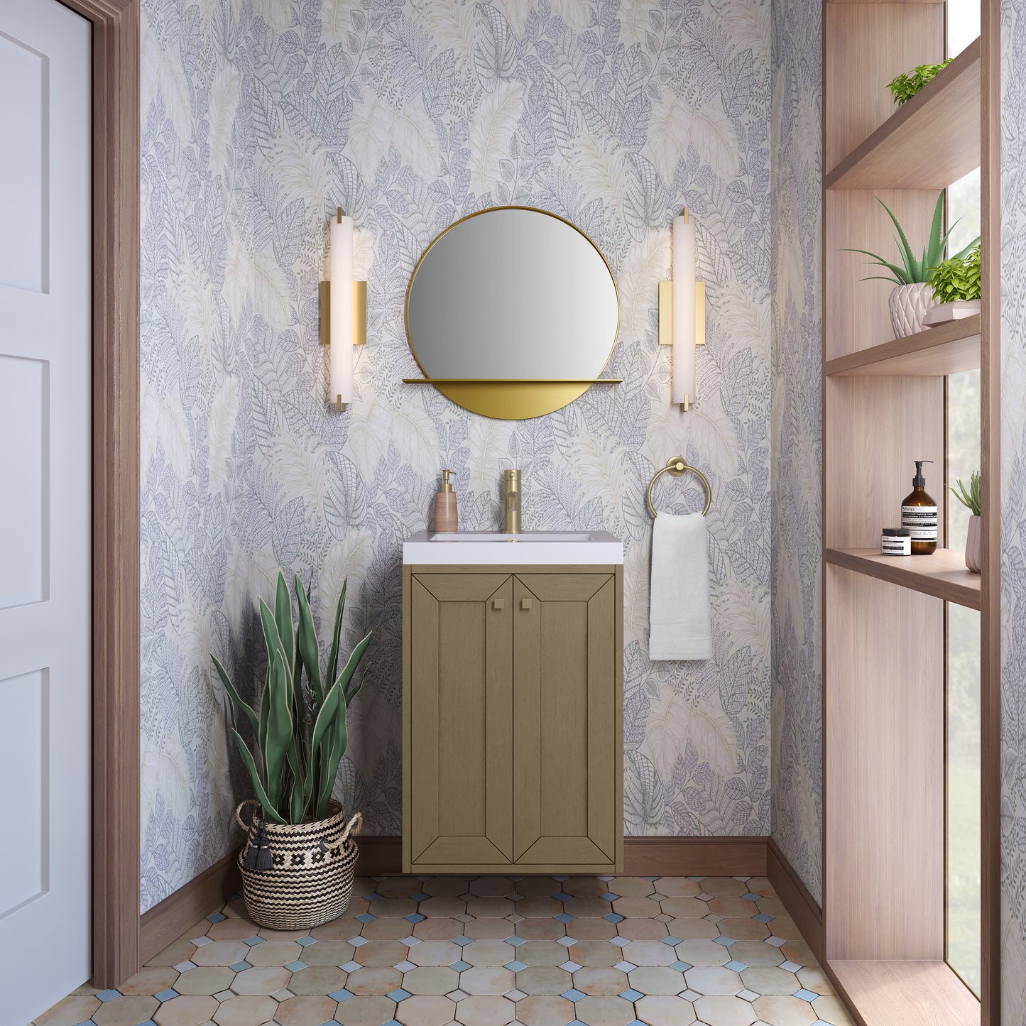 James Martin Vanities Chianti 20" Walnut Whisper Champagne Brass Base Single Vanity With White Glossy Composite Stone Top