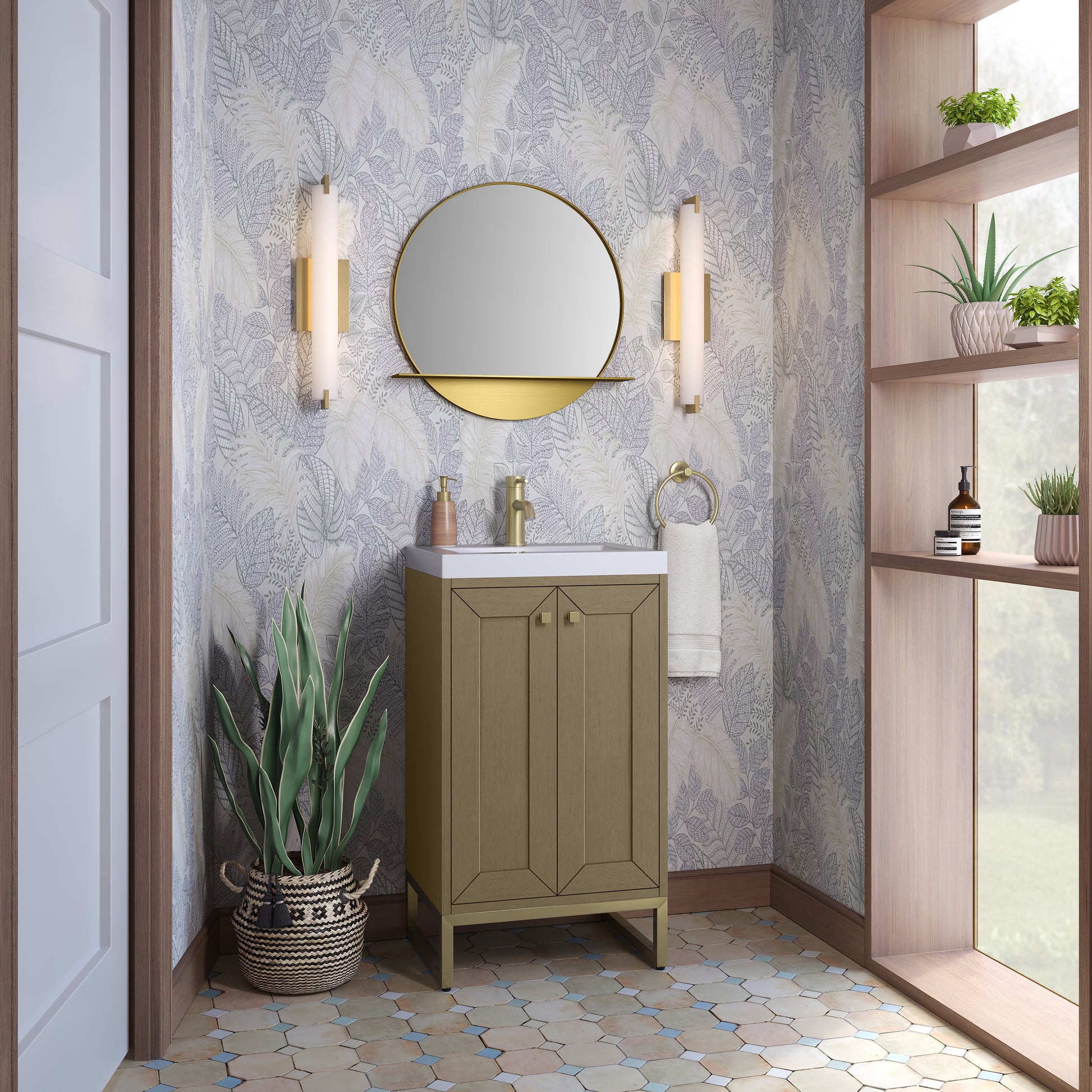 James Martin Vanities Chianti 20" Walnut Whisper Champagne Brass Base Single Vanity With White Glossy Composite Stone Top