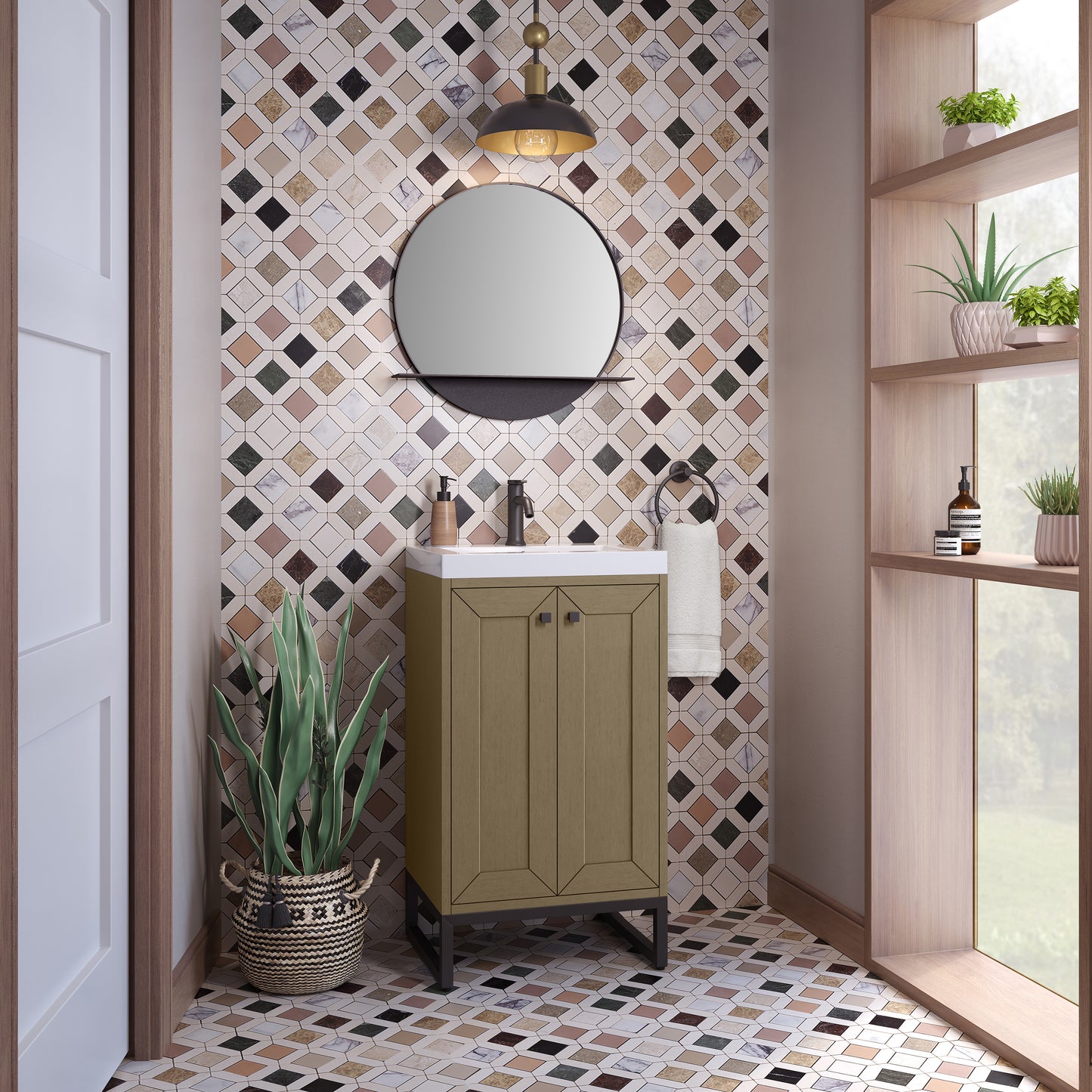 James Martin Vanities Chianti 20" Walnut Whisper Matte Black Base Single Vanity With White Glossy Composite Stone Top