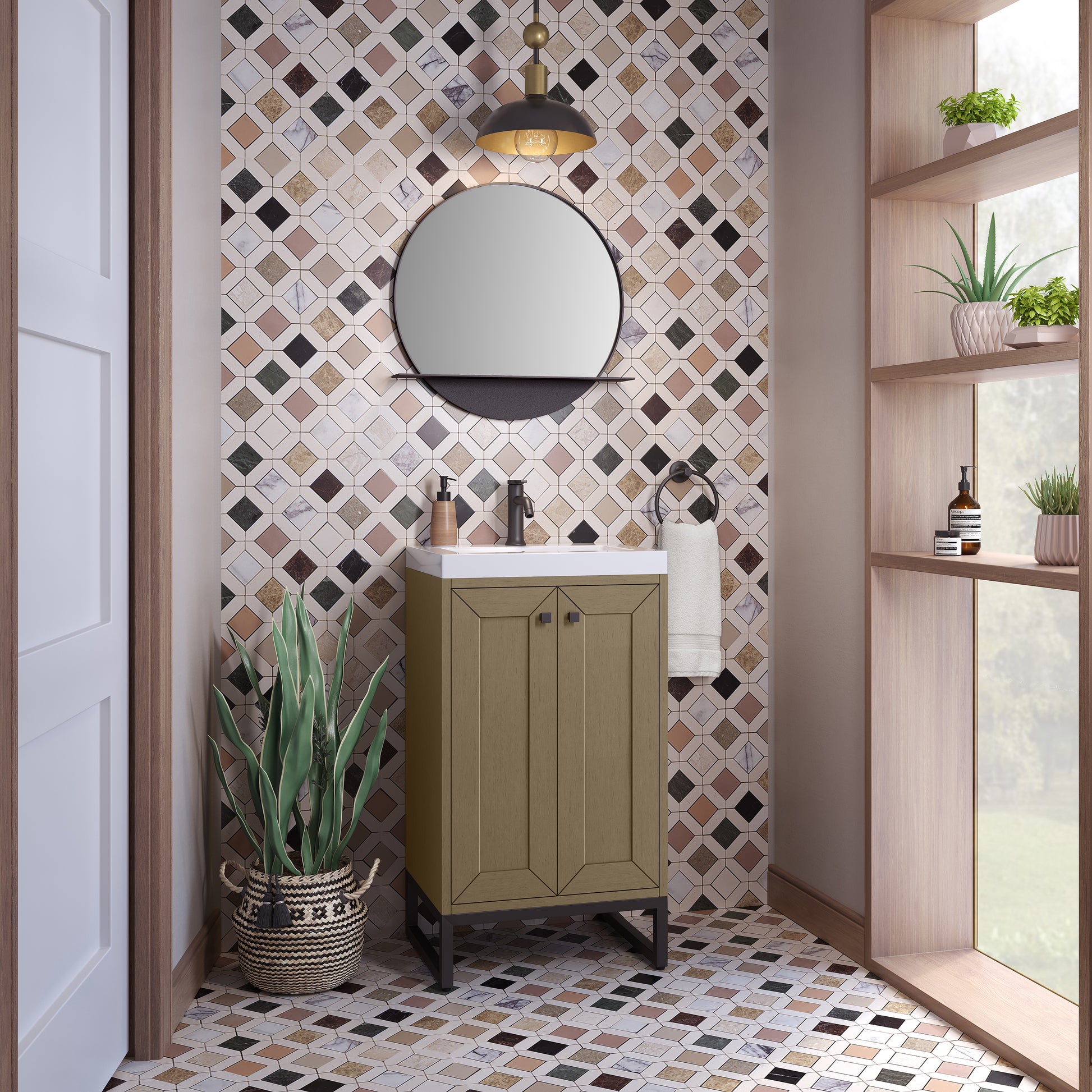 James Martin Vanities Chianti 20" Walnut Whisper Matte Black Base Single Vanity With White Glossy Composite Stone Top