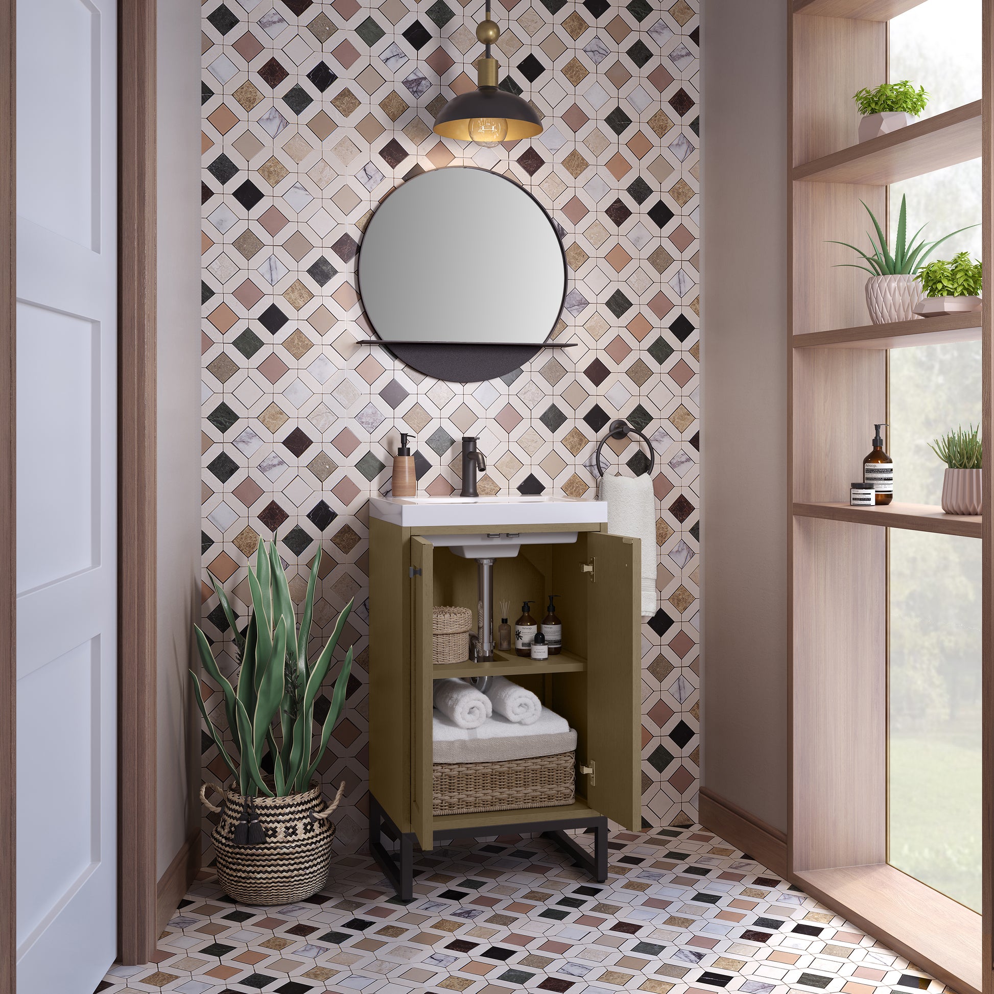 James Martin Vanities Chianti 20" Walnut Whisper Matte Black Base Single Vanity With White Glossy Composite Stone Top