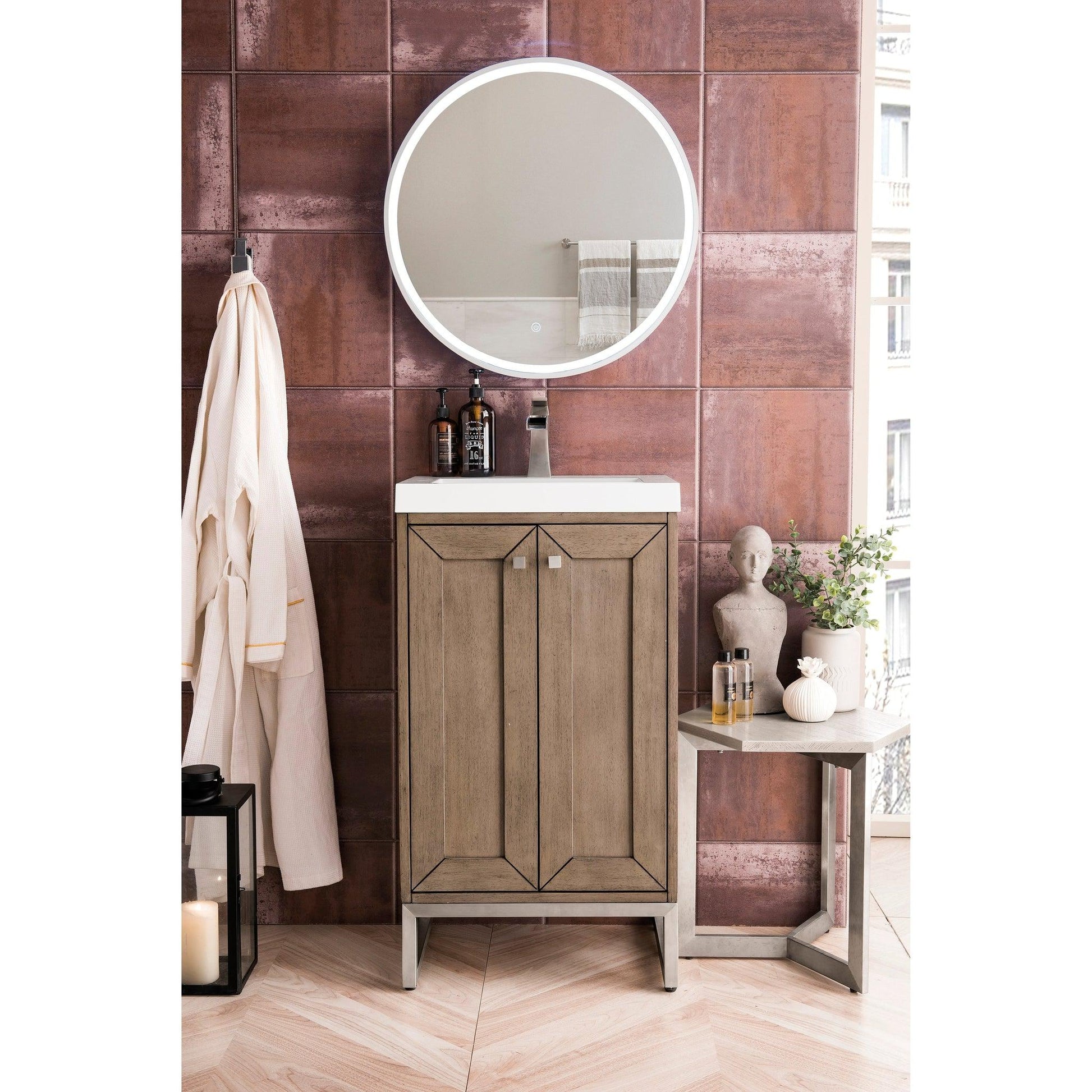 James Martin Vanities Chianti 20" Whitewashed Walnut, Brushed Nickel Single Vanity Cabinet With White Glossy Composite Countertop