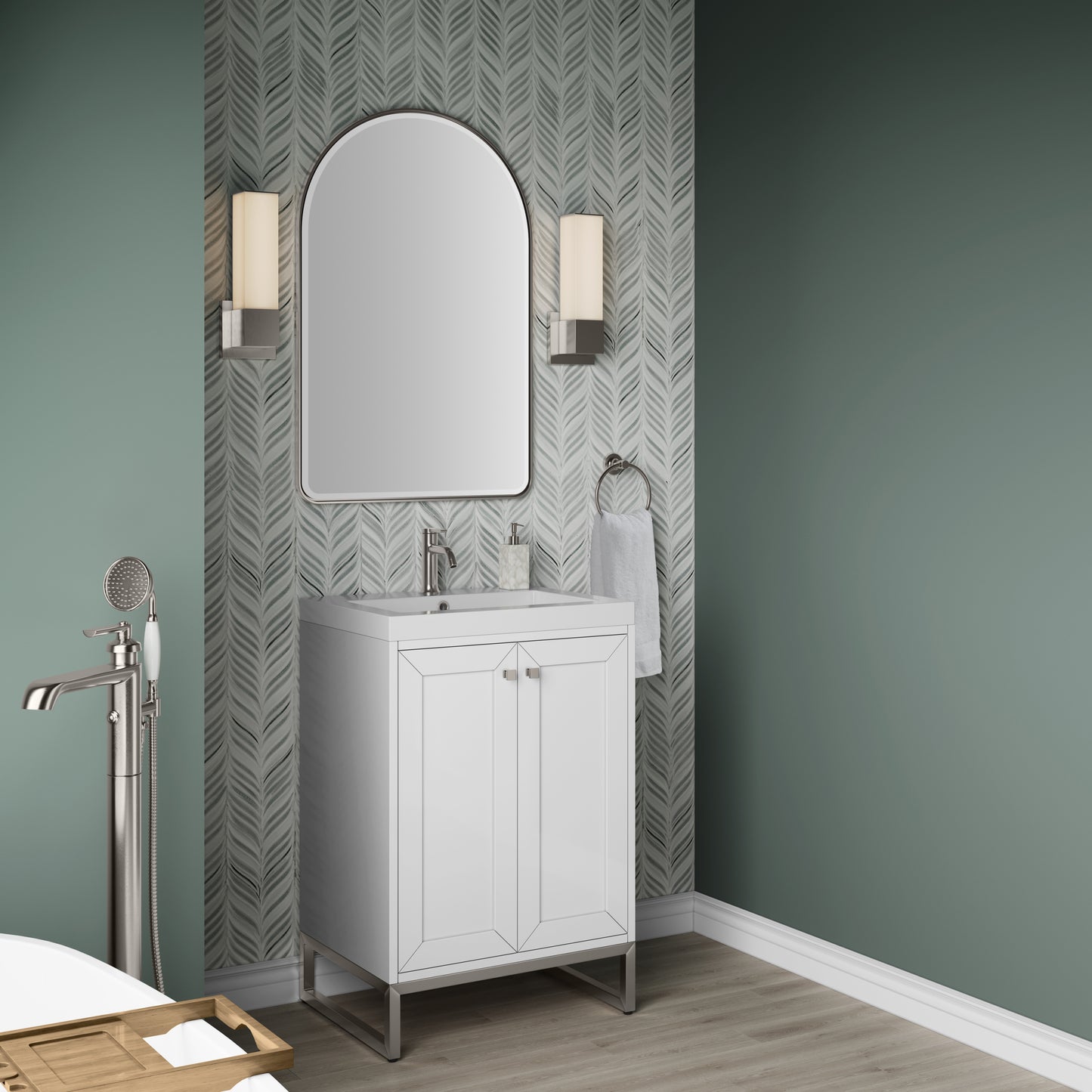 James Martin Vanities Chianti 24" Glossy White Brushed Nickel Base Single Vanity With White Glossy Composite Stone Top