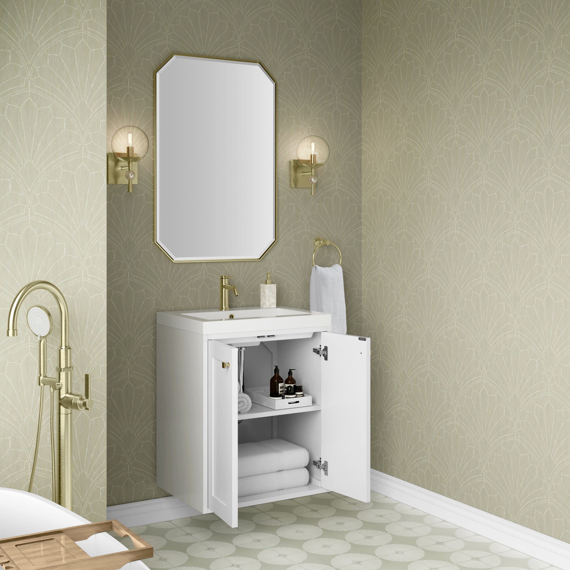 James Martin Vanities Chianti 24" Glossy White Champagne Brass Base Single Vanity With White Glossy Composite Stone Top