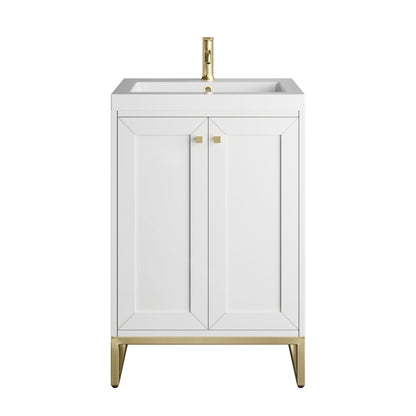 James Martin Vanities Chianti 24" Glossy White Champagne Brass Base Single Vanity With White Glossy Composite Stone Top