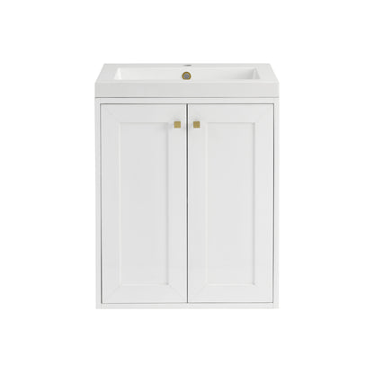 James Martin Vanities Chianti 24" Glossy White Champagne Brass Base Single Vanity With White Glossy Composite Stone Top