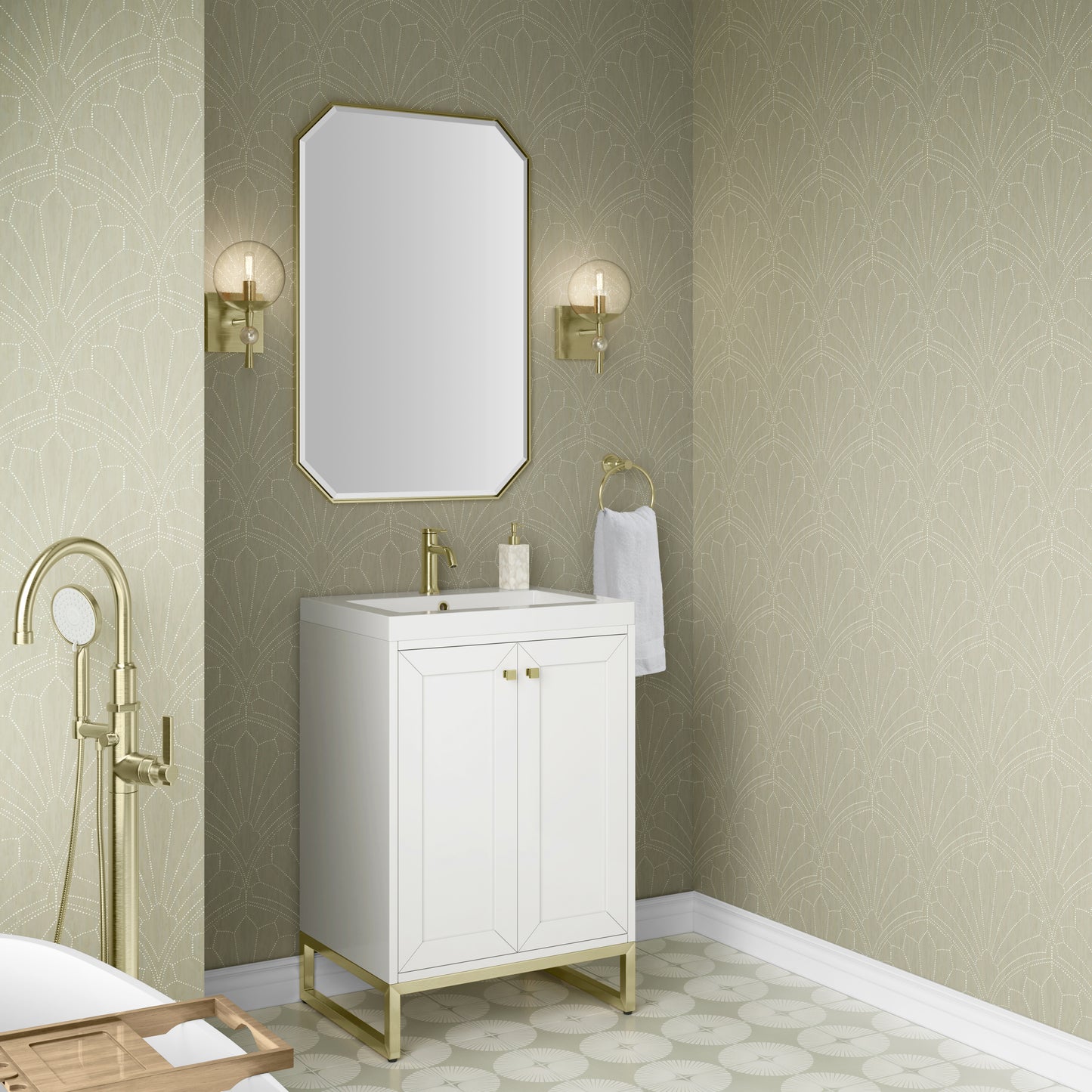 James Martin Vanities Chianti 24" Glossy White Champagne Brass Base Single Vanity With White Glossy Composite Stone Top