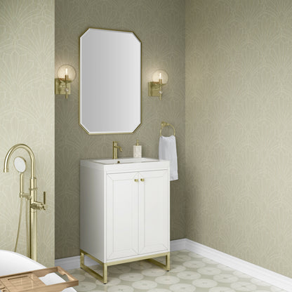 James Martin Vanities Chianti 24" Glossy White Champagne Brass Base Single Vanity With White Glossy Composite Stone Top