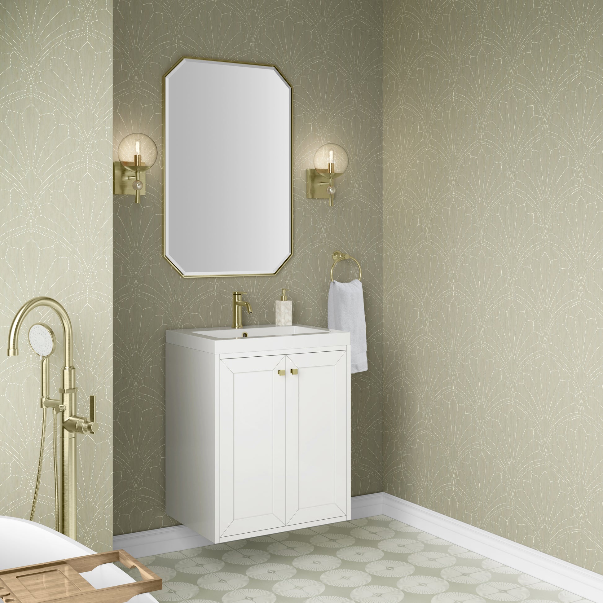 James Martin Vanities Chianti 24" Glossy White Champagne Brass Base Single Vanity With White Glossy Composite Stone Top