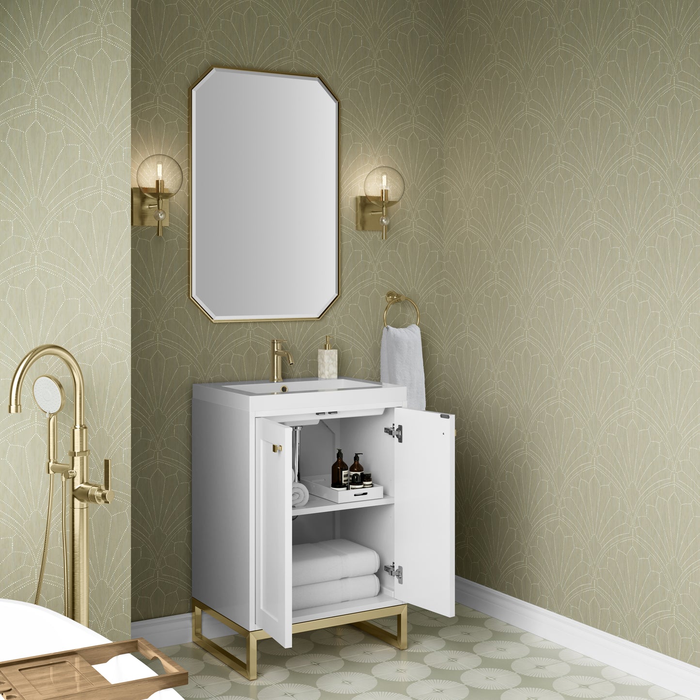 James Martin Vanities Chianti 24" Glossy White Champagne Brass Base Single Vanity With White Glossy Composite Stone Top