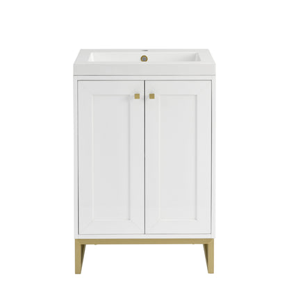James Martin Vanities Chianti 24" Glossy White Champagne Brass Base Single Vanity With White Glossy Composite Stone Top