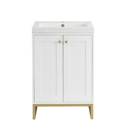 James Martin Vanities Chianti 24" Glossy White Champagne Brass Base Single Vanity With White Glossy Composite Stone Top