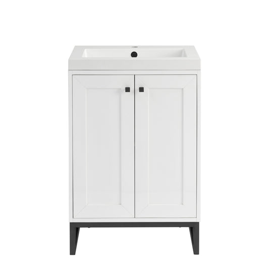 James Martin Vanities Chianti 24" Glossy White Matte Black Base Single Vanity With White Glossy Composite Stone Top