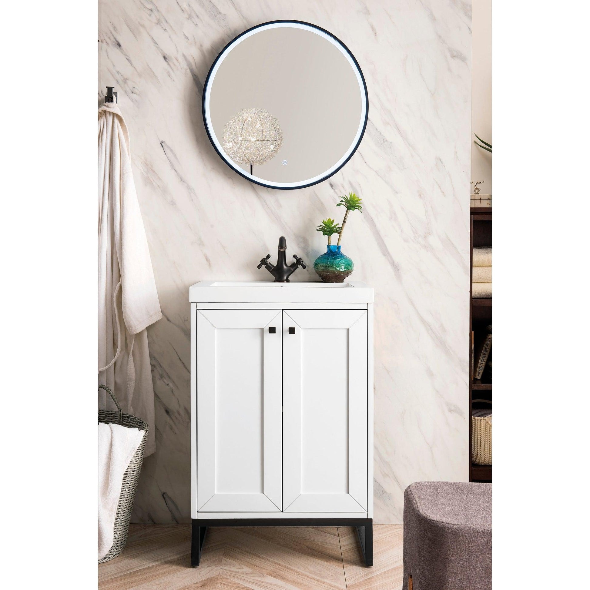 James Martin Vanities Chianti 24" Glossy White, Matte Black Single Vanity Cabinet With White Glossy Composite Countertop