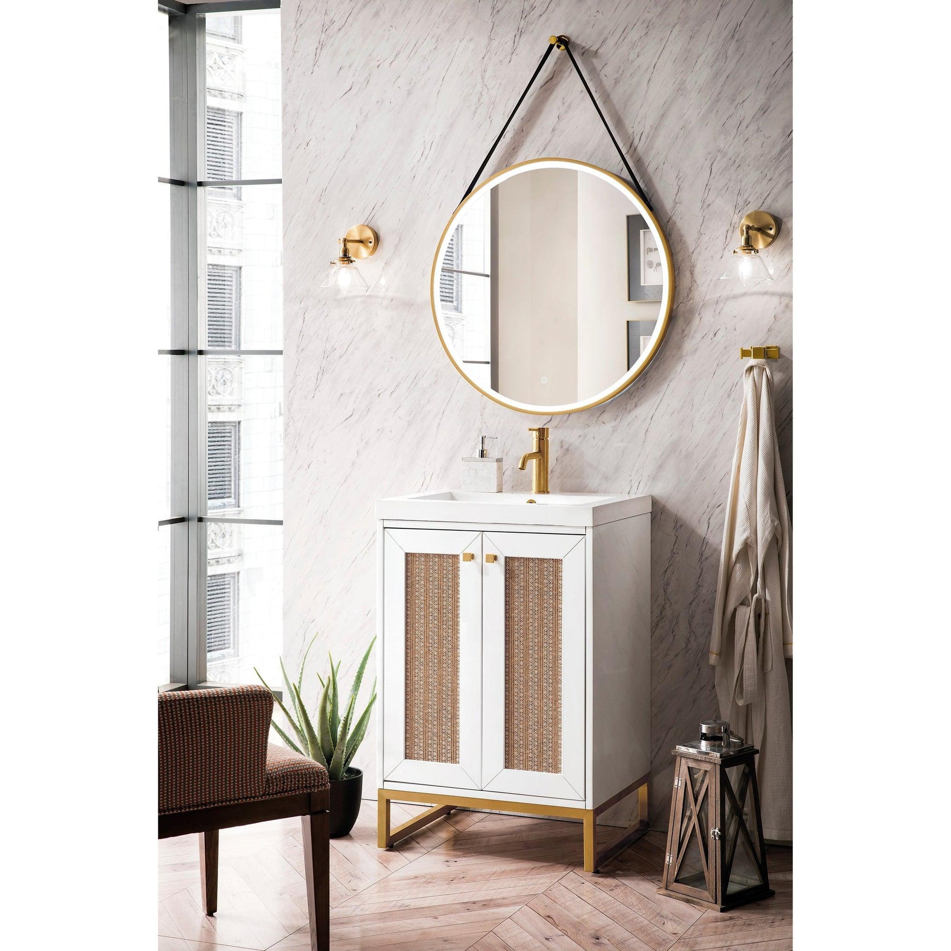 James Martin Vanities Chianti 24" Glossy White, Radiant Gold Single Vanity Cabinet With White Glossy Composite Countertop