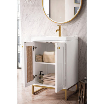 James Martin Vanities Chianti 24" Glossy White, Radiant Gold Single Vanity Cabinet With White Glossy Composite Countertop