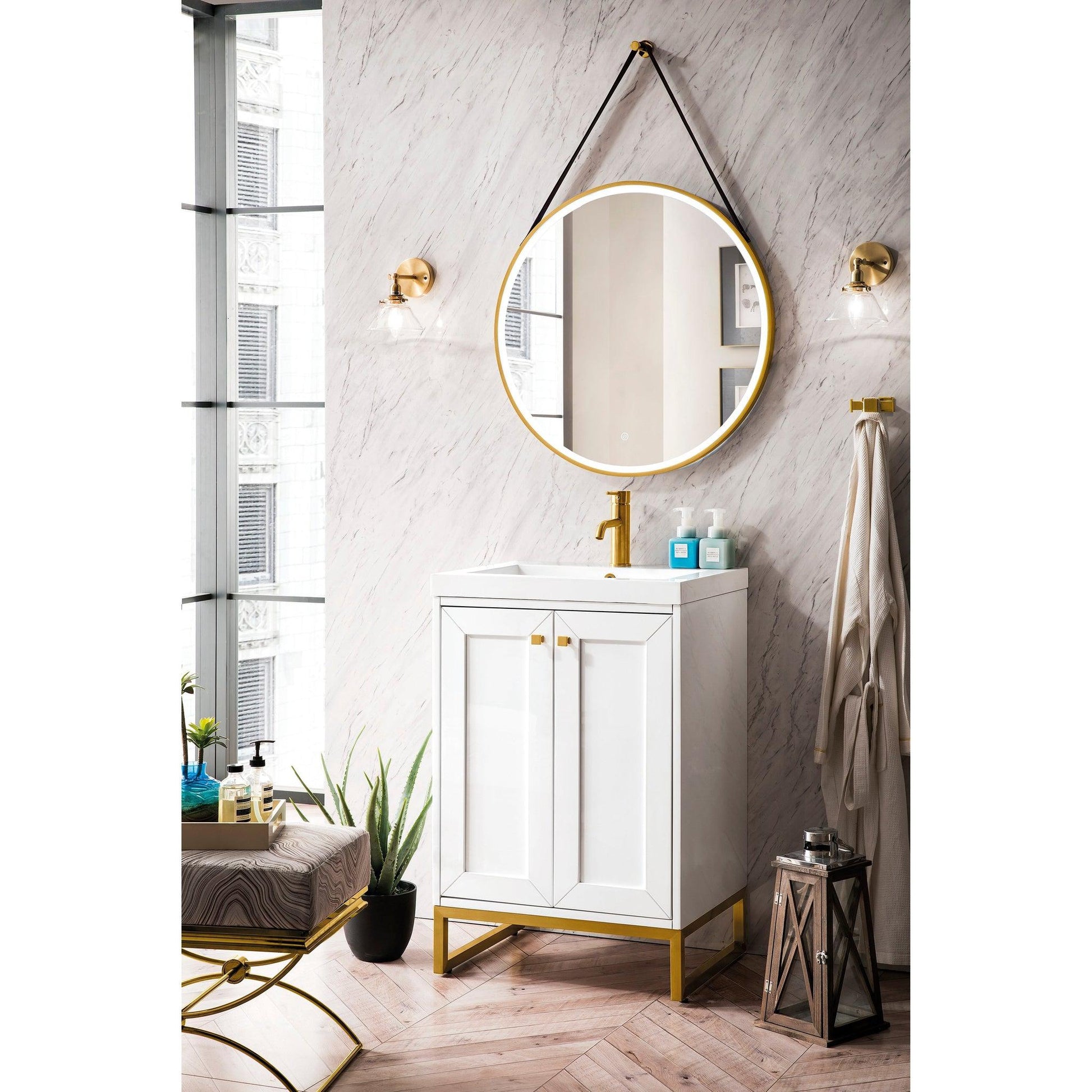 James Martin Vanities Chianti 24" Glossy White, Radiant Gold Single Vanity Cabinet With White Glossy Composite Countertop