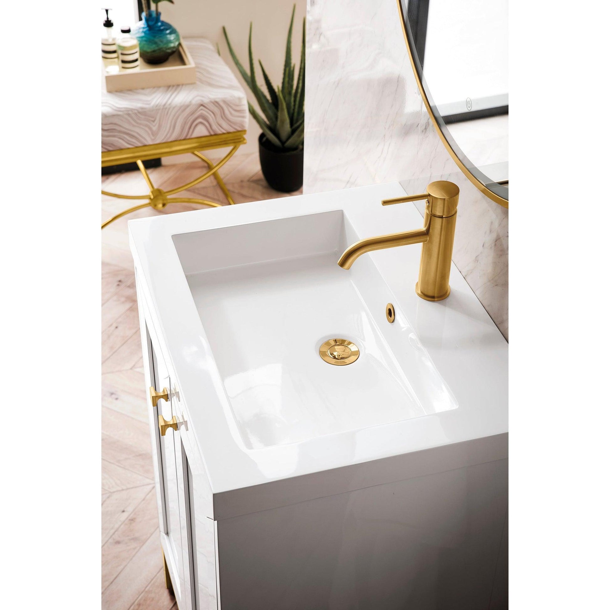 James Martin Vanities Chianti 24" Glossy White, Radiant Gold Single Vanity Cabinet With White Glossy Composite Countertop