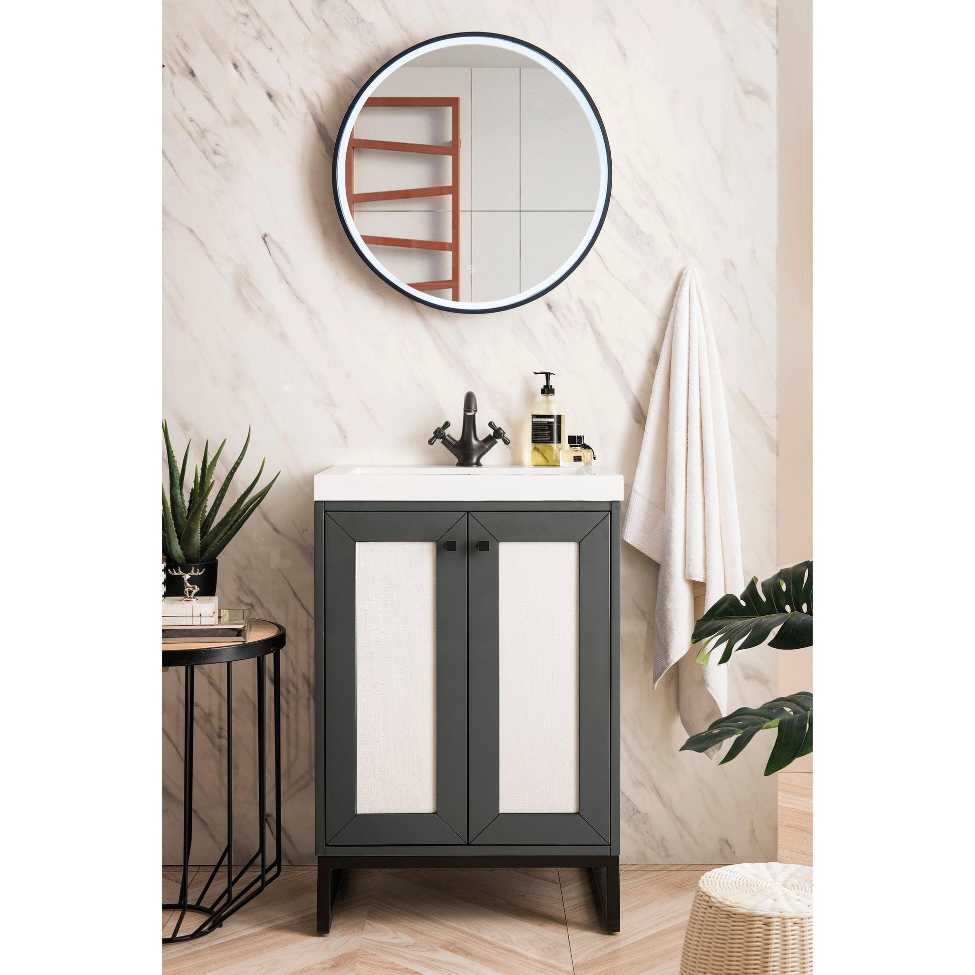James Martin Vanities Chianti 24" Mineral Grey, Matte Black Single Vanity Cabinet With White Glossy Composite Countertop