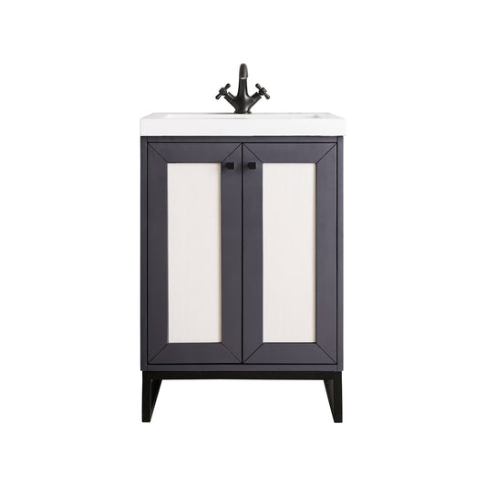 James Martin Vanities Chianti 24" Mineral Grey, Matte Black Single Vanity Cabinet With White Glossy Composite Countertop